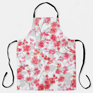 Zweige von Kirschblüten auf weißem und grauem Rück Schürze