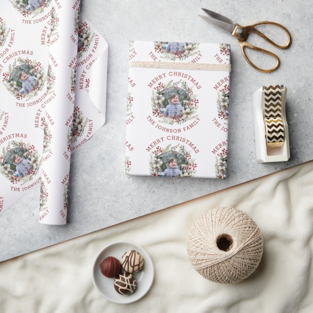 Zweige weiße Blume und Beeren Foto Weihnachten Geschenkpapier (Kunsthandwerk)