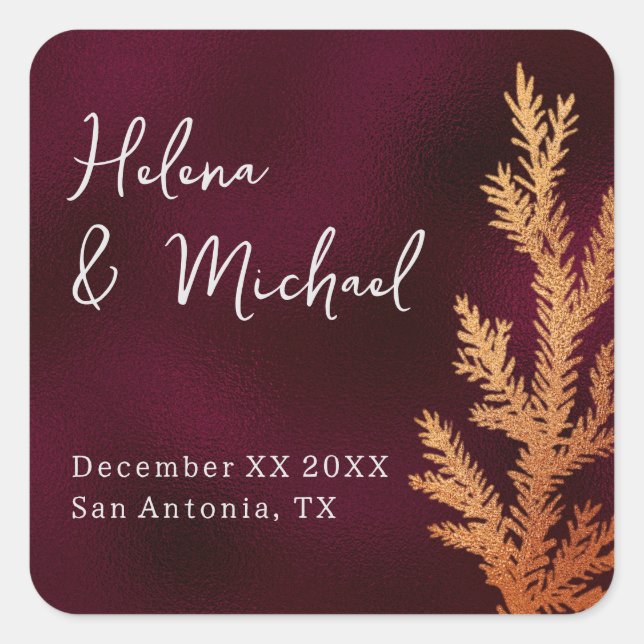 Zweigniederlassung Burgund und Kupfer Winter Hochz Quadratischer Aufkleber (Vorderseite)