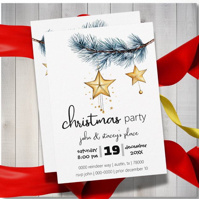 Zweigniederlassung Holiday Tree mit dem Party "Han Einladung (Modern holiday party Christmas customizable invitation with pine and gold stars)