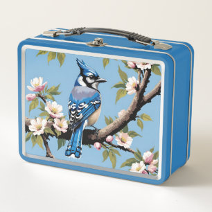 Zweigniederlassung von Blue Jay Bird auf Pink Cher Metall Brotdose