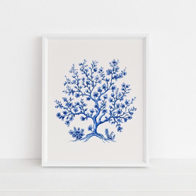 Zweigstelle Blue Coral - Coastal Blue auf Beige Poster (Blue Coral Branch – Coastal Blue on Beige Poster in a white frame on the floor)