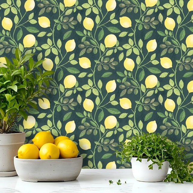 Zweigstelle Lemon Botanische Küche Tapete (Botanical design with yellow lemons and green branches, perfect for kitchens and Mediterranean style)