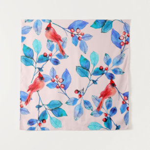 Zweigstelle mit Beeren und Vögeln Aquarell Wandteppich