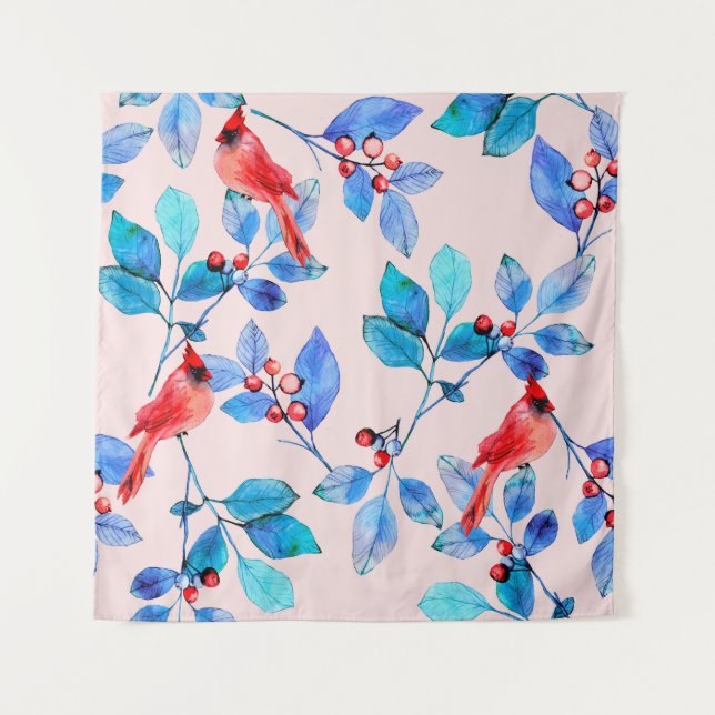 Zweigstelle mit Beeren und Vögeln Aquarell Wandteppich (Vorderseite)