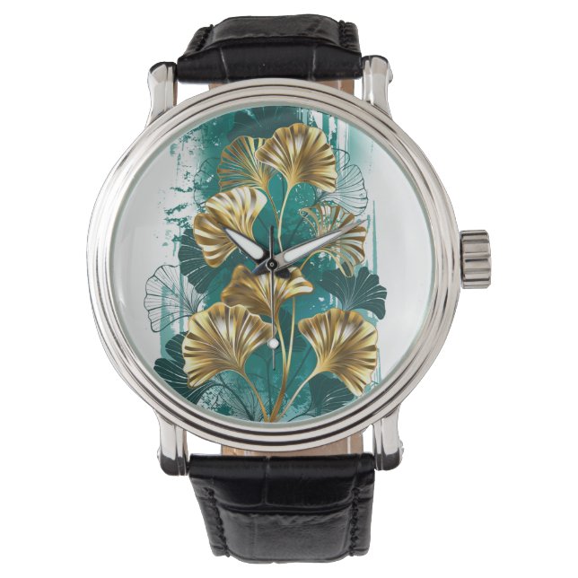 Zweigstelle mit goldenen Blätter Ginko Biloba Armbanduhr (Vorderseite)