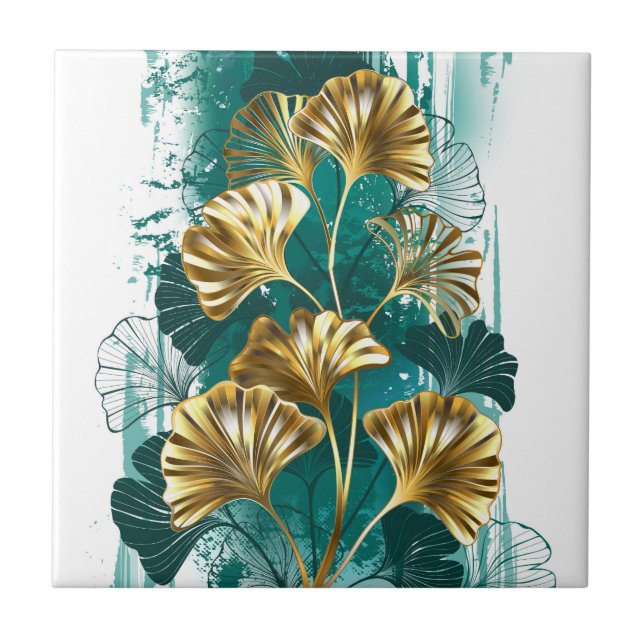 Zweigstelle mit goldenen Blätter Ginko Biloba Fliese (Vorderseite)