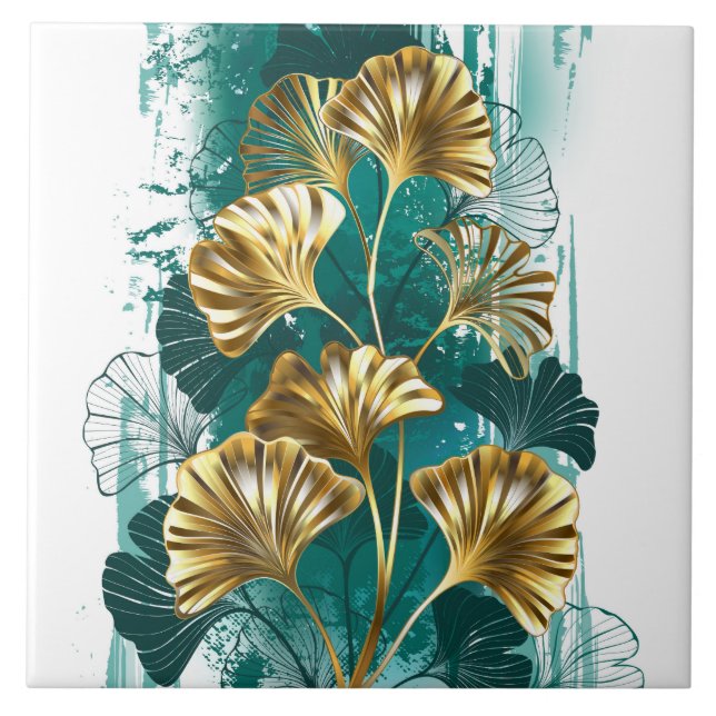 Zweigstelle mit goldenen Blätter Ginko Biloba Fliese (Vorderseite)