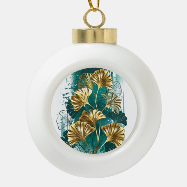 Zweigstelle mit goldenen Blätter Ginko Biloba Keramik Kugel-Ornament (Vorderseite)