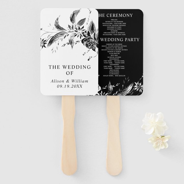 Zweigstelle mit Hochzeitsprogramm für Schwarz-Weiß Fächer (Vorne und Hinten)