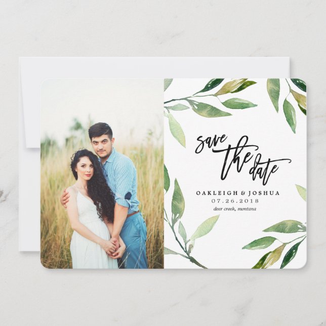 Zweigstelle Wasserfarben Olive Save the Date mit F (Vorderseite)