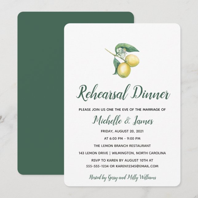 Zweigstelle Wasserfarben-Zitrone | Abendessen Prob Einladung (Vorne/Hinten)