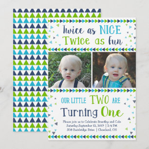 Zweimal als Nice Twin Boy Erster Geburtstag Einladung