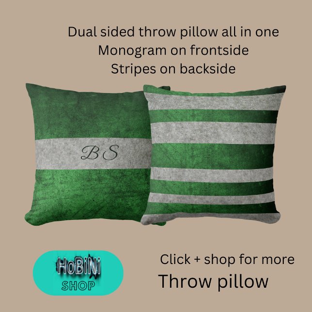 zweiseitig grünes Grau & Monogramm & Streifen Kissen (Dual sided throw pillow all in one
Monogram on frontside
Stripes on backside)