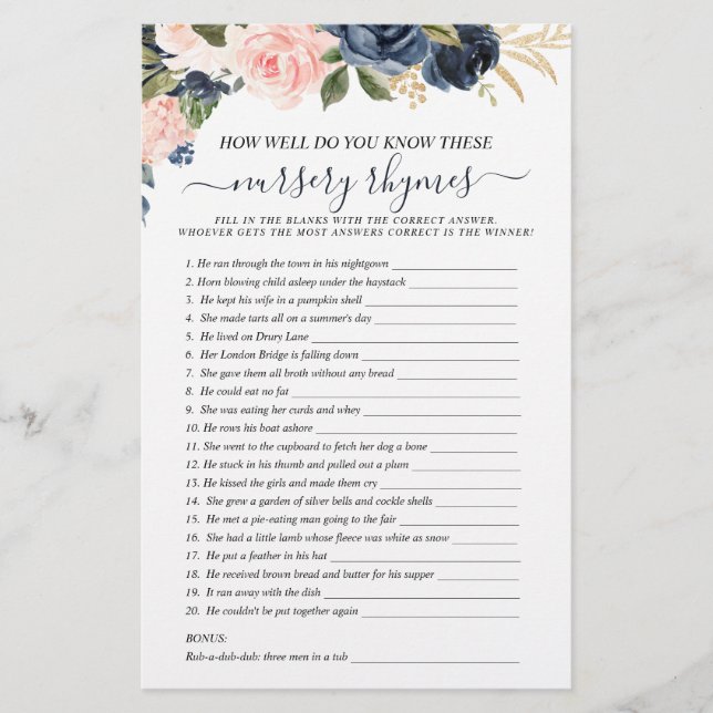 Zweiseitige Baby Pink Navy Floral Cascading Games (Vorderseite)