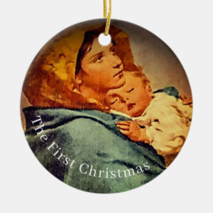 Zweiseitiger erster Weihnachts-Foto-Schmuck Keramik Ornament