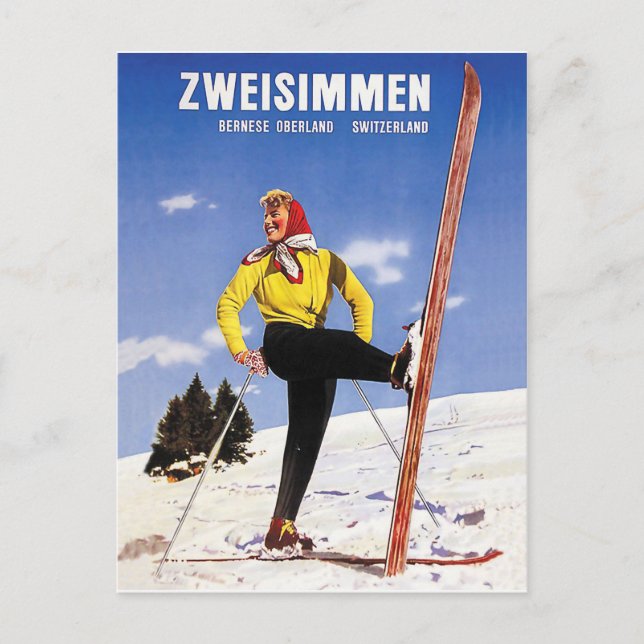 Zweisimmen, Berner Oberland, Schweiz, Ski Postkarte (Vorderseite)
