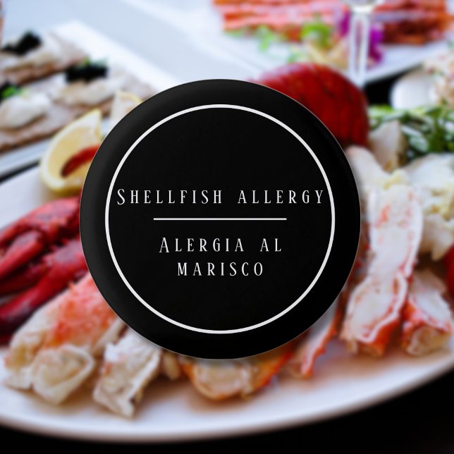Zweisprachige Allergie gegen Schalentiere Button (Bilingual Shellfish allergy warning button, Spanish text, editable. multilingual project)