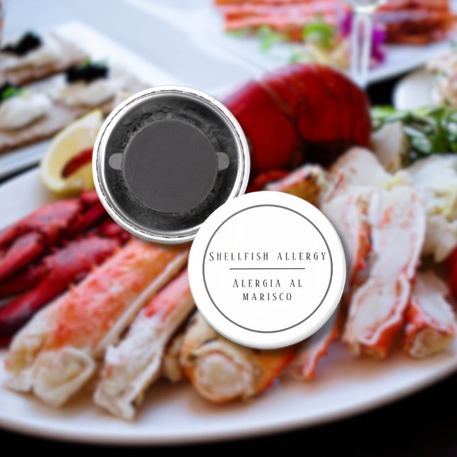 Zweisprachige Allergie gegen Schalentiere Magnet (Black & White Bilingual Allergy to Shellfish button, customizable multilingual project)