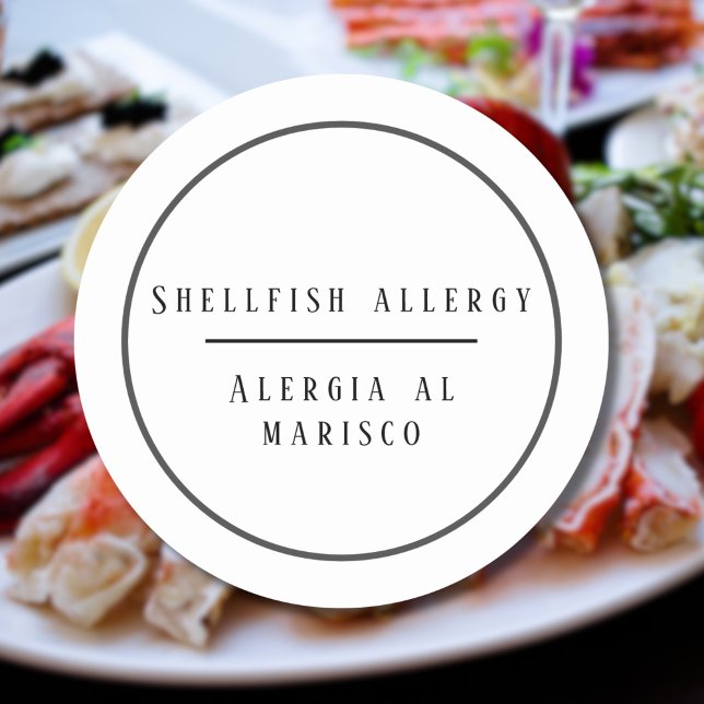 Zweisprachige Allergie gegen Schalentiere Runder Aufkleber (Bilingual Shellfish allergy warning sticker, Spanish text, customizable multilingual project)