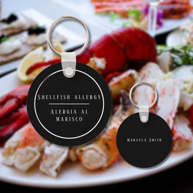 Zweisprachige Allergie gegen Schalentiere Schlüsselanhänger (Bilingual Shellfish allergy warning keychain, custom text, Spanish. Multilingual Project)