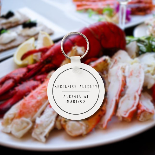 Zweisprachige Allergie gegen Schalentiere Schlüsselanhänger (Bilingual Shellfish allergy warning keychain, customizable name & text. multilingual project)