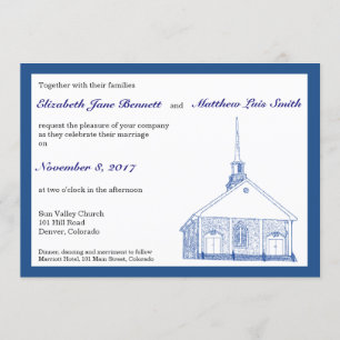 Zweisprachige blaue Kapellen-Hochzeits-Einladung Einladung