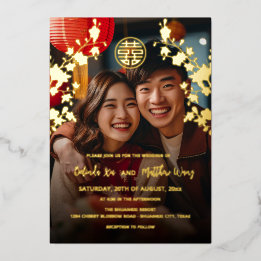 Zweisprachige Foto Rot Gold Chinesische Hochzeit Folieneinladung