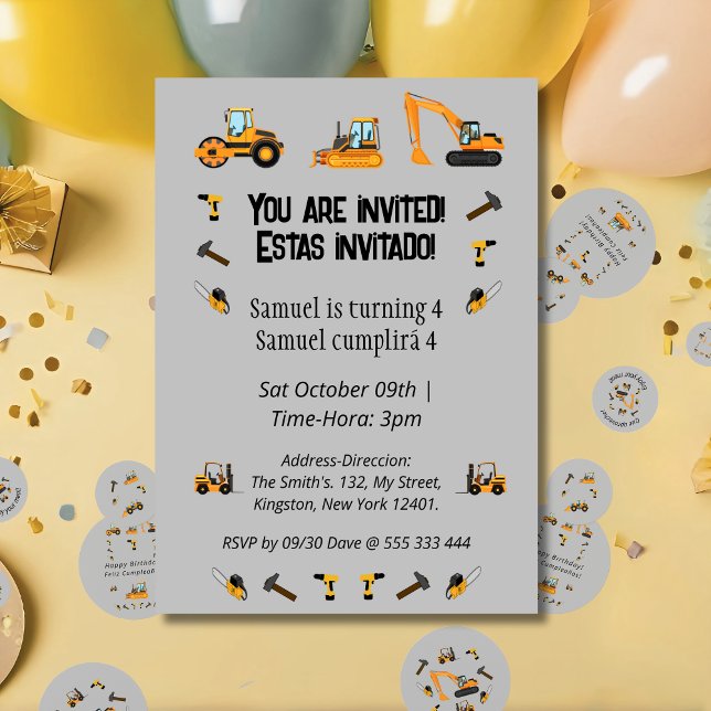 Zweisprachige Geburtstagsparty Einladung (Gray Bilingual birthday party invitation, construction themed, custom Spanish text. Multilingual )