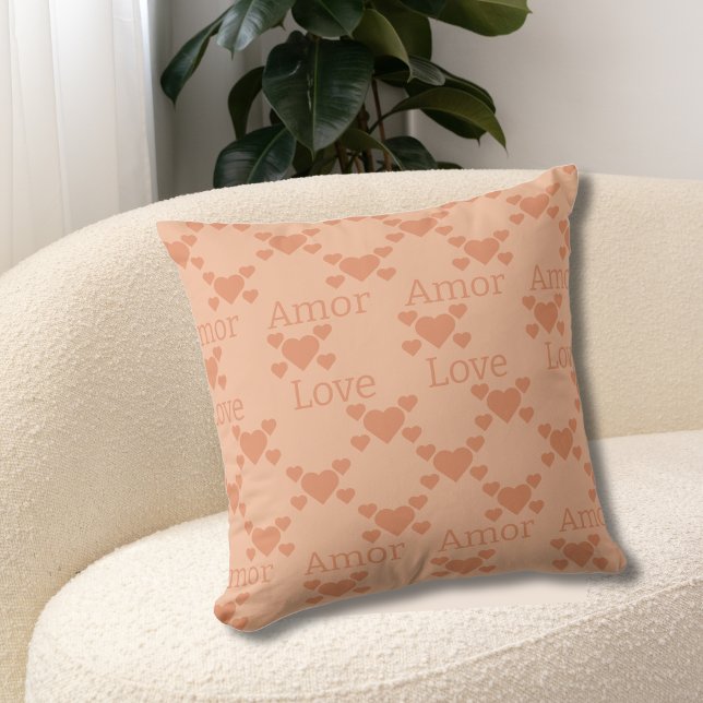 Zweisprachige Peach Hearts Amor Liebe Text Kissen (peach heart bilingual pillow. amor-love editable personalized custom text. multilingual project)