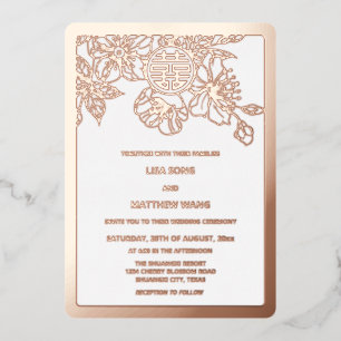 Zweisprachige Roségold-Kirschblüten-Chinesische Ho Folieneinladung