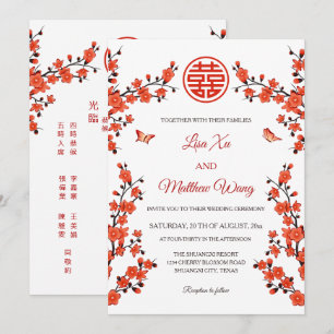 Zweisprachige Rote Blüten   Chinesische Hochzeit Einladung