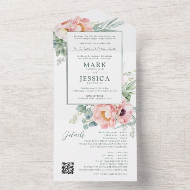 Zweisprachige vietnamesische rosa Blume All In One Einladung (Innen Boden)