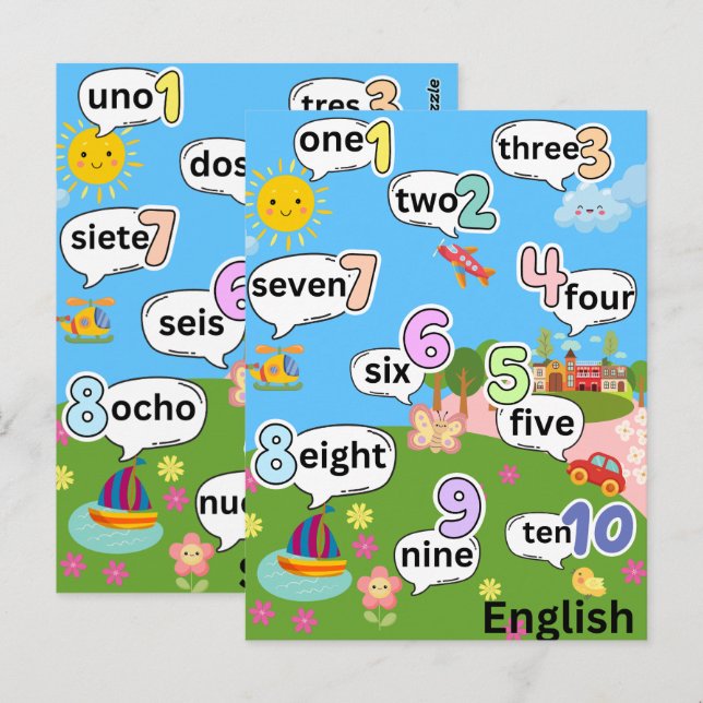 Zweisprachige Zählung 1 bis 10 (Englisch, Spanisch Postkarte (Vorne/Hinten)