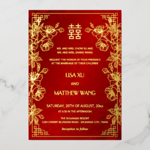 Zweisprachiger Goldrahmen Rot Chinesische Hochzeit Folieneinladung