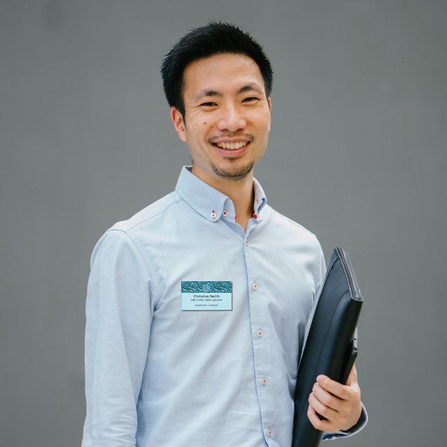 Zweisprachiges blaues Türkis-Blätter-Muster Namenschild (Blue leaves Name Badge Bilingual, Spanish, small busines supplies. Multilingual project)