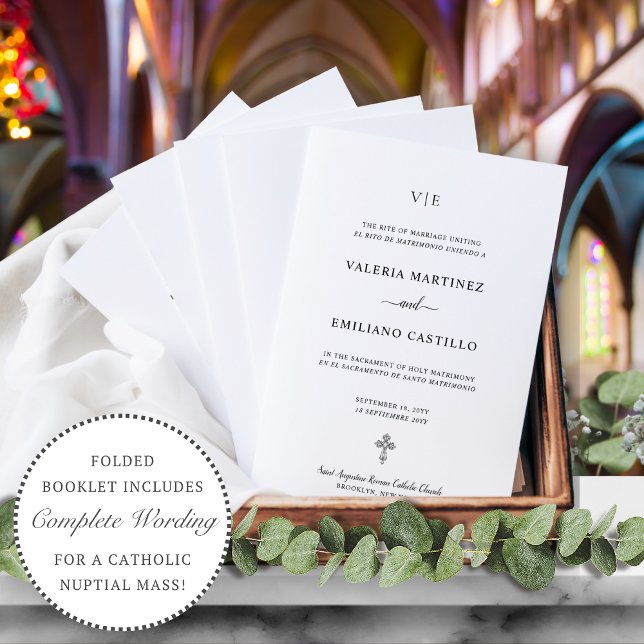Zweisprachiges Spanisch Katholisches Hochzeitsprog (Elegant, simple, bilingual, Spanish-English, folded Catholic wedding program )