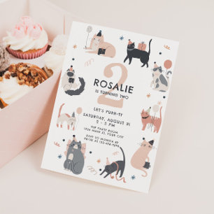 Zweiter Geburtstag Mädchen Rosa Katze Einladung