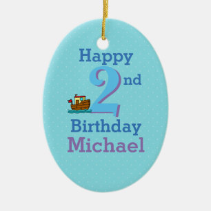 Zweiter Geburtstag, Zwei Jahre Alt, Boot und Name Keramik Ornament