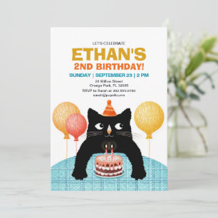 ZWEITER Geburtstagsparty-Katz mit Kuchen und Kerze Einladung