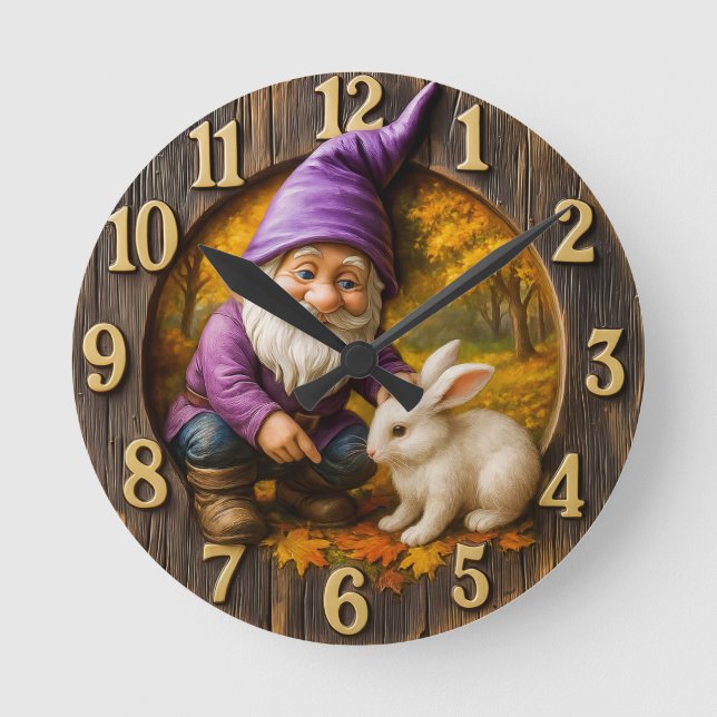 Zwerg & Kaninchen im Herbstwald Runde Wanduhr (Vorderseite)