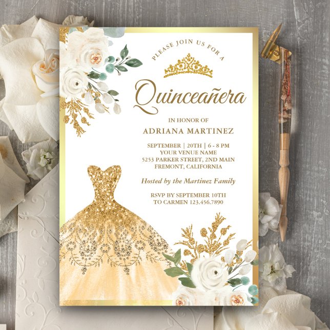 Zwerggarn Elfenbeinblume Gold Quinceanera Einladung (Von Creator hochgeladen)