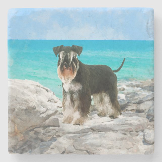 Zwergschnauzer auf dem Strand Aquarell Steinuntersetzer (Vorderseite)