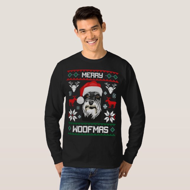 Zwergschnauzer frohe Woofmas Weihnachten T-Shirt (Vorne ganz)