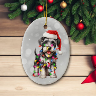 Zwergschnauzer in Weihnachtsbeleuchtung gewickelt Keramik Ornament