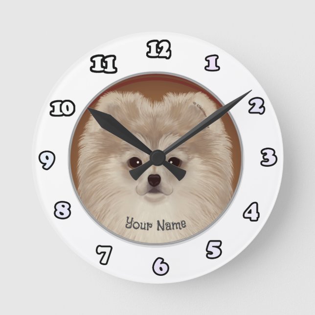 Zwergspitz-Hund-Uhr Runde Wanduhr (Vorderseite)
