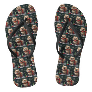 Zwergspitz im Schnee Weihnachten Flip Flops