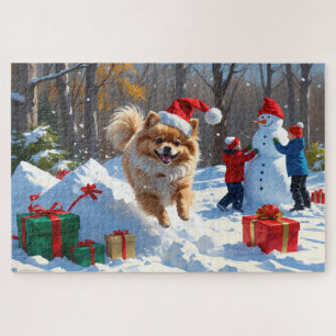Zwergspitz läuft im Schnee mit Weihnachtsmütze Puzzle