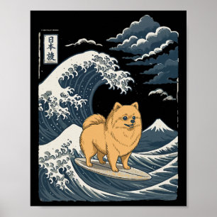 Zwergspitz surft auf japanischer Welle _2 Poster