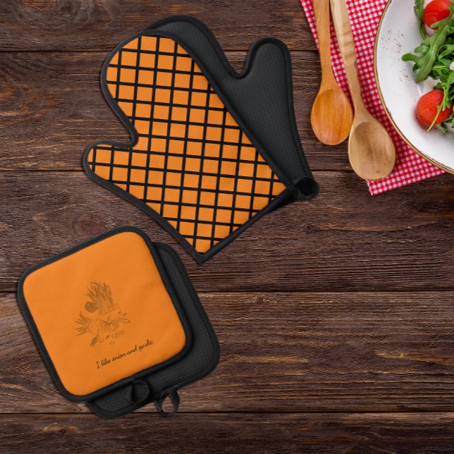 Zwiebeln und Knoblauchküchenorange Ofenhandschuh & Topflappen-Set (Von Creator hochgeladen)